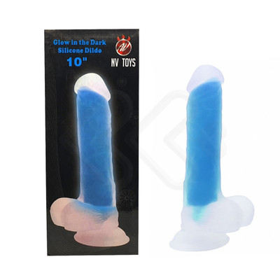 Prótese Peniana Realística Glow Up com Glande Definida, Ventosa e Escroto  - Nv Toys Glow in the Dark Silicone Dildo "10" - 21 x 5 cm