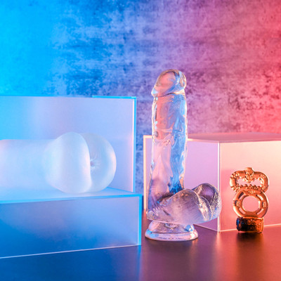 Foto 1 do produto Prótese Peniana Realística com Escroto em Silicone Transparente, Masturbador no Formato de Ânus em TPE e Anel Peniano Duplo - Gender X Cleartly Combo
