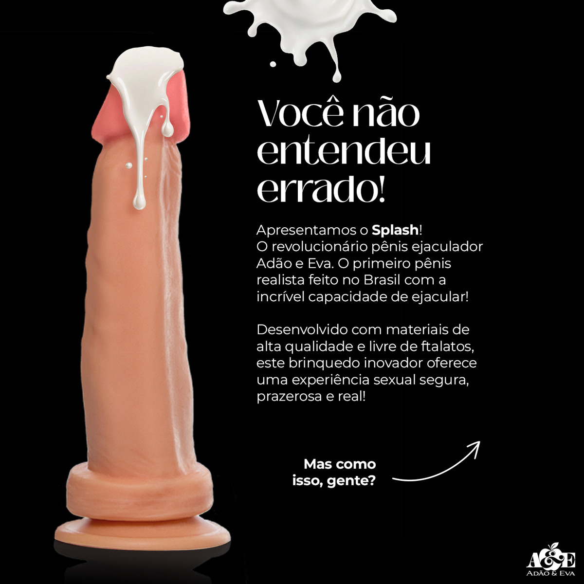 Prótese Realística no Formato de Pênis que Ejacula com Glande Delineada e Ventosa - Adão & Eva Splash | 18,5 x 4,5 cm - 3