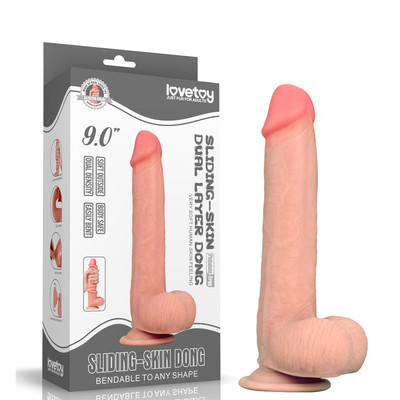 Prótese Realística com Pele Beliscável, Glande Definida, Veias, Escroto e Ventosa - Lovetoy Sliding-Skin Dong 9" | 17 x 4 cm | Disponível em 2 Cores