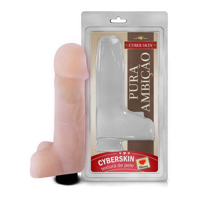 Pura Ambição - Prótese em Formato de Pênis em Cyberskin com Glande Saliente, Veias, Escroto e Vibro Multivelocidade - 14 x 4,5 cm | Cor: Bege