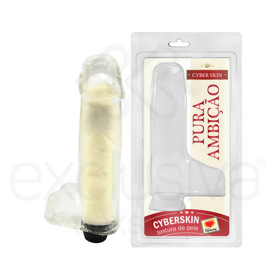 Foto 1 do produto Pura Ambição - Prótese Realística em Formato de Pênis com Escroto em Cyberskin Incolor com Vibrações Multivelocidade - 13,5 x 4,3 cm