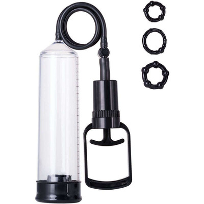 Bomba Peniana Manual com Manopla e 3 Anéis Penianos - Q-Toys Vacuum Pump | 22 x 6,1 cm