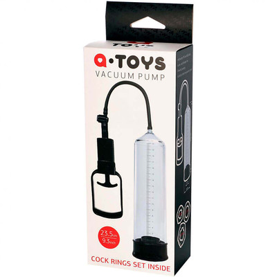 Foto 2 do produto Bomba Peniana Manual com Manopla e 3 Anéis Penianos - Q-Toys Vacuum Pump | 22 x 6,1 cm