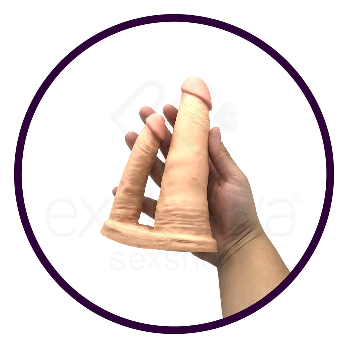 Real Peter - Prótese Realística Dupla em Forma de Pênis com Base Para Apoio - 11 x 2 cm e 17,5 x 4 cm | Cor: Bege - 5