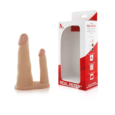 Real Peter - Prótese Realística Dupla em Forma de Pênis com Base Para Apoio - 11 x 2 cm e 17,5 x 4 cm | Cor: Bege