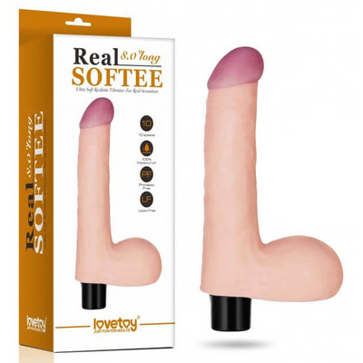 Real Softee - Prótese Realística em Formato de Pênis em Cyberskin com Escroto e 10 Tipos de Vibrações - 14 x 4 cm