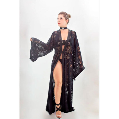 Foto 1 do produto Robe em Tecido Devore, Fecho Frontal e Mangas Morcego - Steves Design | Tamanho Único
