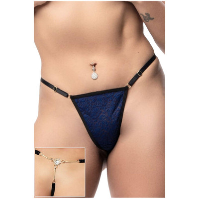 Foto 1 do produto SD Girl - Calcinha Fio Dental em Renda Azul com Bijuteria Folheada | Tamanho Único