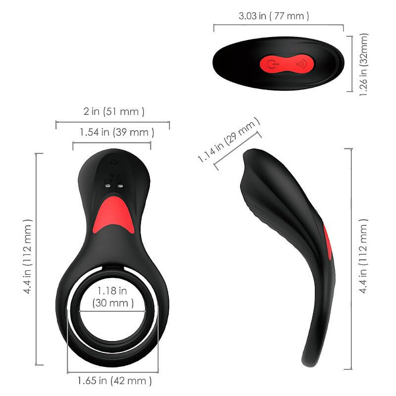 Anel Peniano e Escrotal, Recarregável com 9 Modos de Vibração e Controle Remoto sem Fio - S-Hande Rings | 12,5 x 3,7 cm - 3