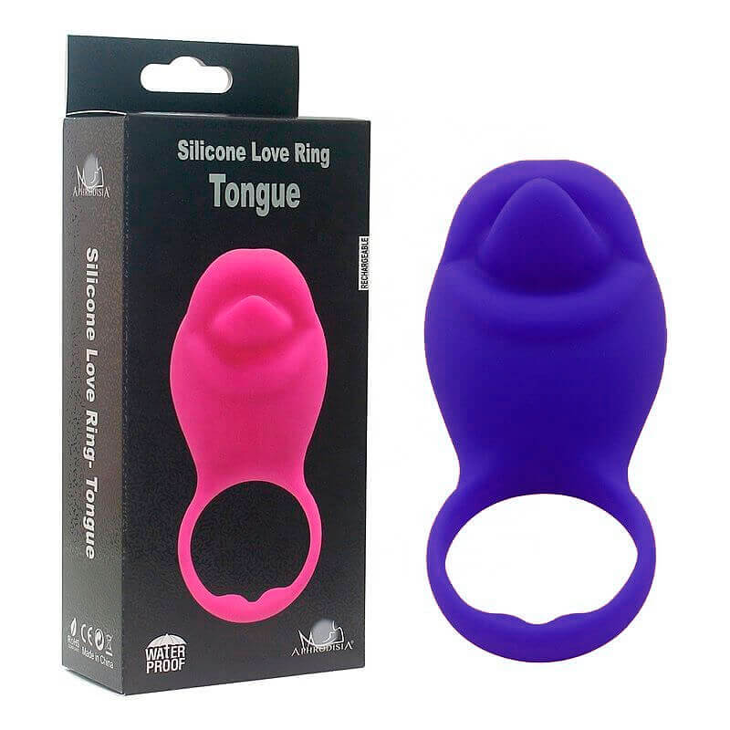 Silicone Love Ring Tongue - Anel Peniano com Estimulador de Clítoris em Silicone com 10 Modos de Vibrações | Cor: Roxo - 1