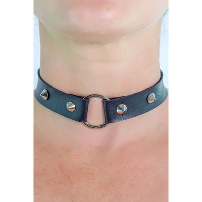 Foto 2 do produto Steves Designer - Gargantilha em Couro Sintético com Spikes e Argola para Aplicação de Correntes - Tamanho Único