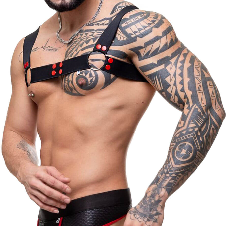 Arreio Harness Elástico com Argolas e Botões Vermelhos - Steves Designer - 2