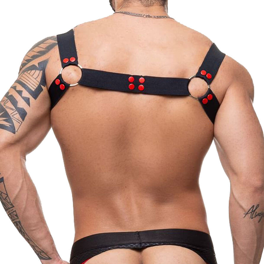 Arreio Harness Elástico com Argolas e Botões Vermelhos - Steves Designer - 3