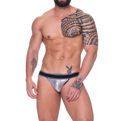 Foto 1 do produto Steves Designer - Cueca JockStrap Prateada com Elástico Bicolor e Estampa - Tamanho Único