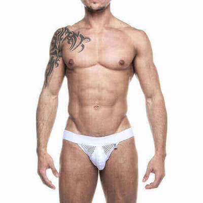 Steves Designer - Cueca JockStrap Tapa Sexo com Detalhe em Arrastão | Cor: Branco