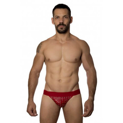 Steves Designer - Cueca JockStrap Tapa Sexo com Detalhes de Rebites  | Cor: Vermelho