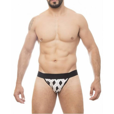 Foto 1 do produto Steves Designer - Cueca JockStrap Tapa Sexo com Estampa de Xadrez Argyle| Cor: Branco