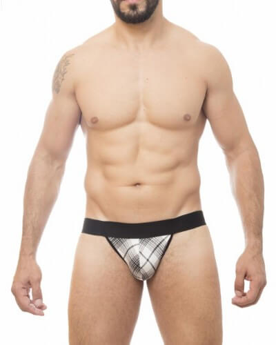 Steves Designer - Cueca JockStrap Tapa Sexo com Estampa de xadrez | Cor: Branco com Preto - 1