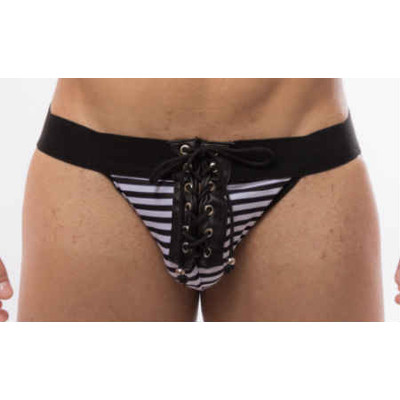 Foto 2 do produto Steves Designer - Cueca JockStrap Tapa Sexo Listrada com Detalhe de Amarrar na Frente