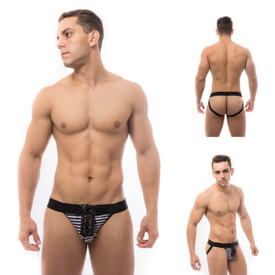 Foto 1 do produto Steves Designer - Cueca JockStrap Tapa Sexo Listrada com Detalhe de Amarrar na Frente