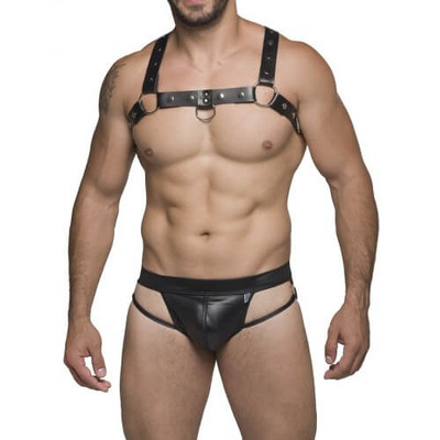 Steves Designer - Cueca Tapa Sexo JockStrap em Couro Sintético com Argolas