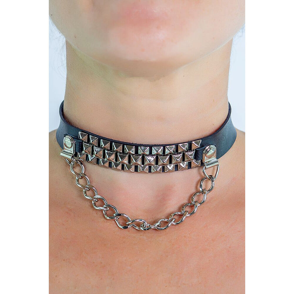 Gargantilha em Couro Sintético com Aplicação de Corrente e Spikes - Steves Designer | Tamanho Único - 2