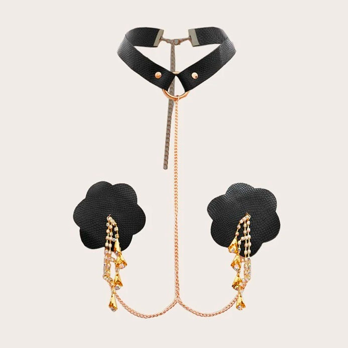 Tapa Sexo de Luxo com coleira em PU, Corrente e Strass - Pleasure Dreams Nipples Pasties - 4