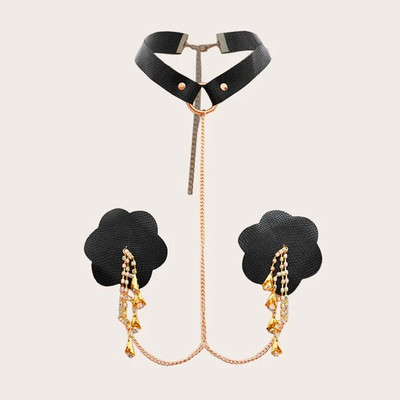 Tapa Sexo de Luxo com coleira em PU, Corrente e Strass - Pleasure Dreams Nipples Pasties