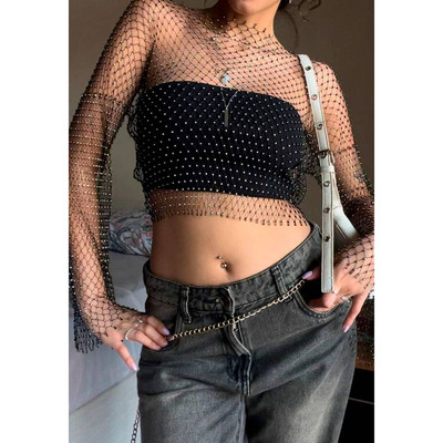 Cropped de Tela Manga Longa e Detalhes em Strass - Exclusiva | Tamanho Único