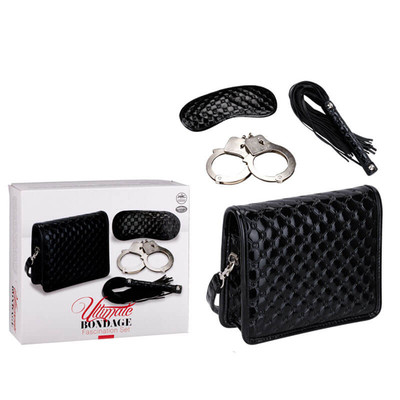 Kit com Bolsa para Armazenar o Kit, Venda, Algema em metal e Chicote em Couro Sintético - Ultimate Bondage
