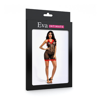 Vestido em Malha Arrastão no Modelo Tomara Que Caia com Acabamento em Renda Vermelha - Eva Intimate | Tamanho Único