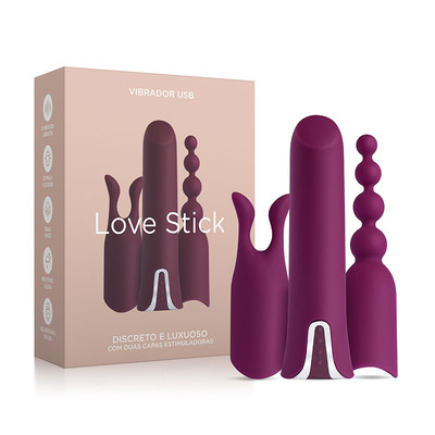 Vibrador com 12 Modos de Vibrações e 2 Capas Estimuladoras de Modelos Diferente em Silicone - Love Stick | 9,4 x 2 cm