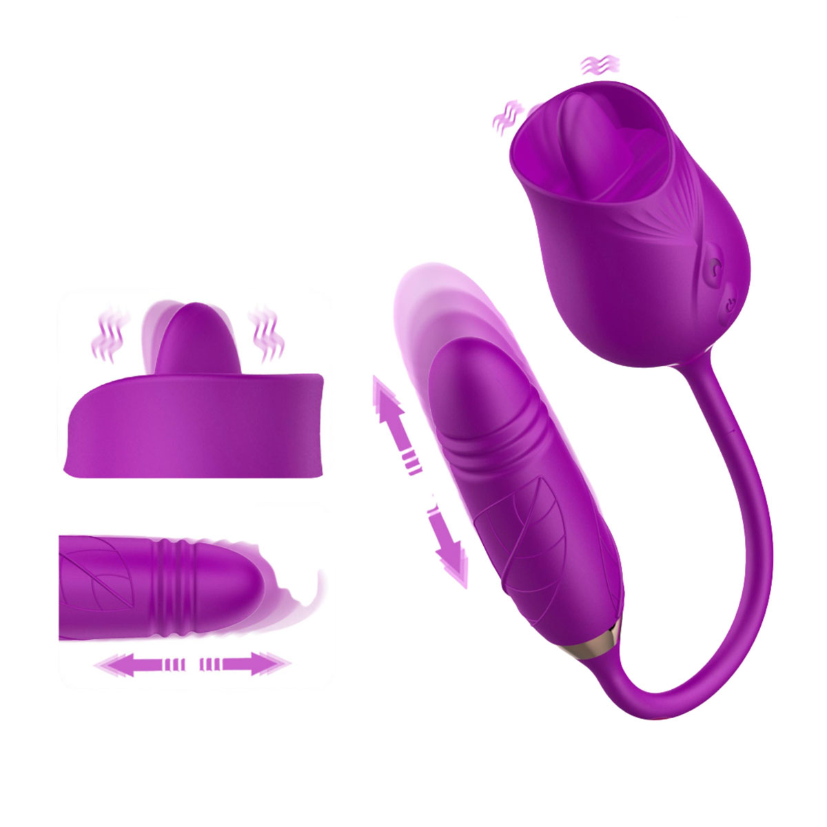 Vibrador Duplo Flexível em Silicone com 10 modos de Vibração, Movimento de Vai e Vem e Língua Estimuladora - Rose Telescopic Vibrator | Disponível em 2 cores - 12