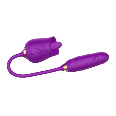 Foto 11 do produto Vibrador Duplo Flexível em Silicone com 10 modos de Vibração, Movimento de Vai e Vem e Língua Estimuladora - Rose Telescopic Vibrator | Disponível em 2 cores