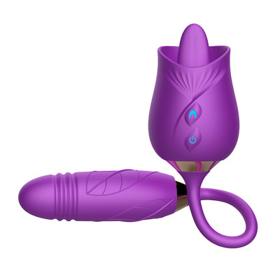 Foto 9 do produto Vibrador Duplo Flexível em Silicone com 10 modos de Vibração, Movimento de Vai e Vem e Língua Estimuladora - Rose Telescopic Vibrator | Disponível em 2 cores