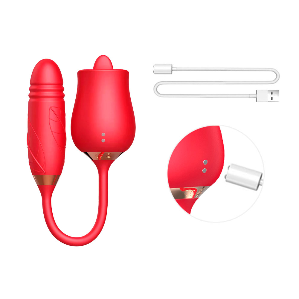 Vibrador Duplo Flexível em Silicone com 10 modos de Vibração, Movimento de Vai e Vem e Língua Estimuladora - Rose Telescopic Vibrator | Disponível em 2 cores - 7