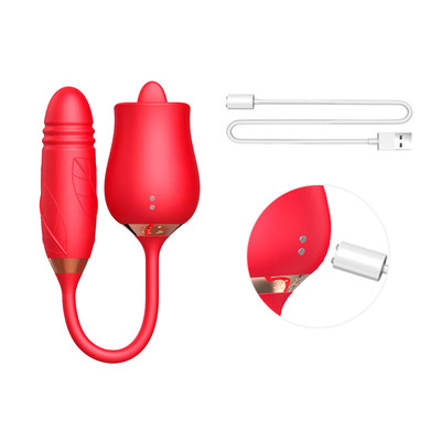 Foto 7 do produto Vibrador Duplo Flexível em Silicone com 10 modos de Vibração, Movimento de Vai e Vem e Língua Estimuladora - Rose Telescopic Vibrator | Disponível em 2 cores