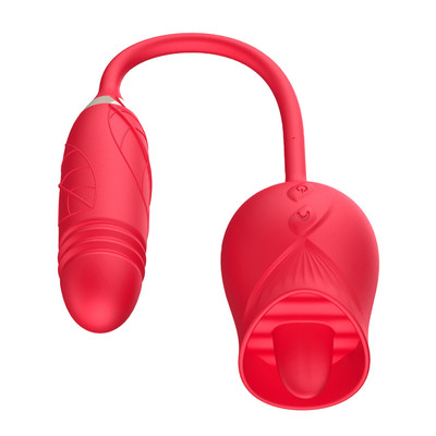 Foto 2 do produto Vibrador Duplo Flexível em Silicone com 10 modos de Vibração, Movimento de Vai e Vem e Língua Estimuladora - Rose Telescopic Vibrator | Disponível em 2 cores