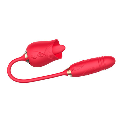 Foto 3 do produto Vibrador Duplo Flexível em Silicone com 10 modos de Vibração, Movimento de Vai e Vem e Língua Estimuladora - Rose Telescopic Vibrator | Disponível em 2 cores