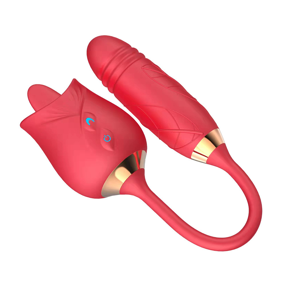Vibrador Duplo Flexível em Silicone com 10 modos de Vibração, Movimento de Vai e Vem e Língua Estimuladora - Rose Telescopic Vibrator | Disponível em 2 cores - 4
