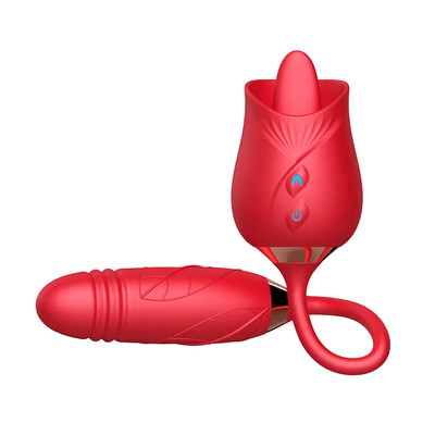 Vibrador Duplo Flexível em Silicone com 10 modos de Vibração, Movimento de Vai e Vem e Língua Estimuladora - Rose Telescopic Vibrator | Disponível em 2 cores