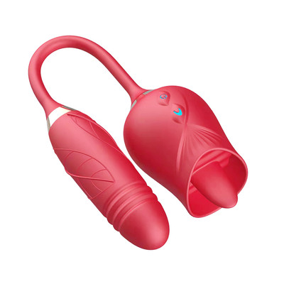 Foto 5 do produto Vibrador Duplo Flexível em Silicone com 10 modos de Vibração, Movimento de Vai e Vem e Língua Estimuladora - Rose Telescopic Vibrator | Disponível em 2 cores