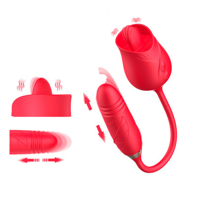 Foto 6 do produto Vibrador Duplo Flexível em Silicone com 10 modos de Vibração, Movimento de Vai e Vem e Língua Estimuladora - Rose Telescopic Vibrator | Disponível em 2 cores