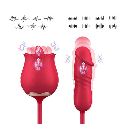 Foto 5 do produto Vibrador Duplo no Formato de Rosa em Silicone Soft Touch Com 8 Movimentos de Vai e Vem e 7 Níveis de Estimulação da Língua - SI Rose Max