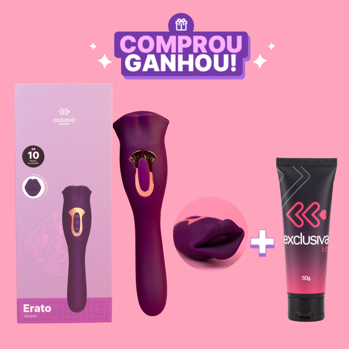 Vibrador Duplo Recarregável em Silicone com Formato de Boca, 10 Modos de Vibração e 10 Tipos de Sucção - Exclusiva Erato | 10 x 3,1 cm - 1