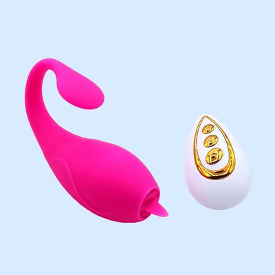 Foto 1 do produto Vibrador Estimulador de Clitóris em Silicone com Língua Massageadora, 10 Modos de Vibração, Controle Remoto Sem Fio e Recarregável - Jumping Egg | 19 x 3,3 cm
