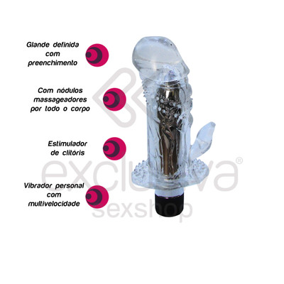 Vibrador Personal com Capa Peniana de Silicone, Duplo estimulador, Textura Massageadora e Vibração Multivelocidade - 15,7 x 5 CM