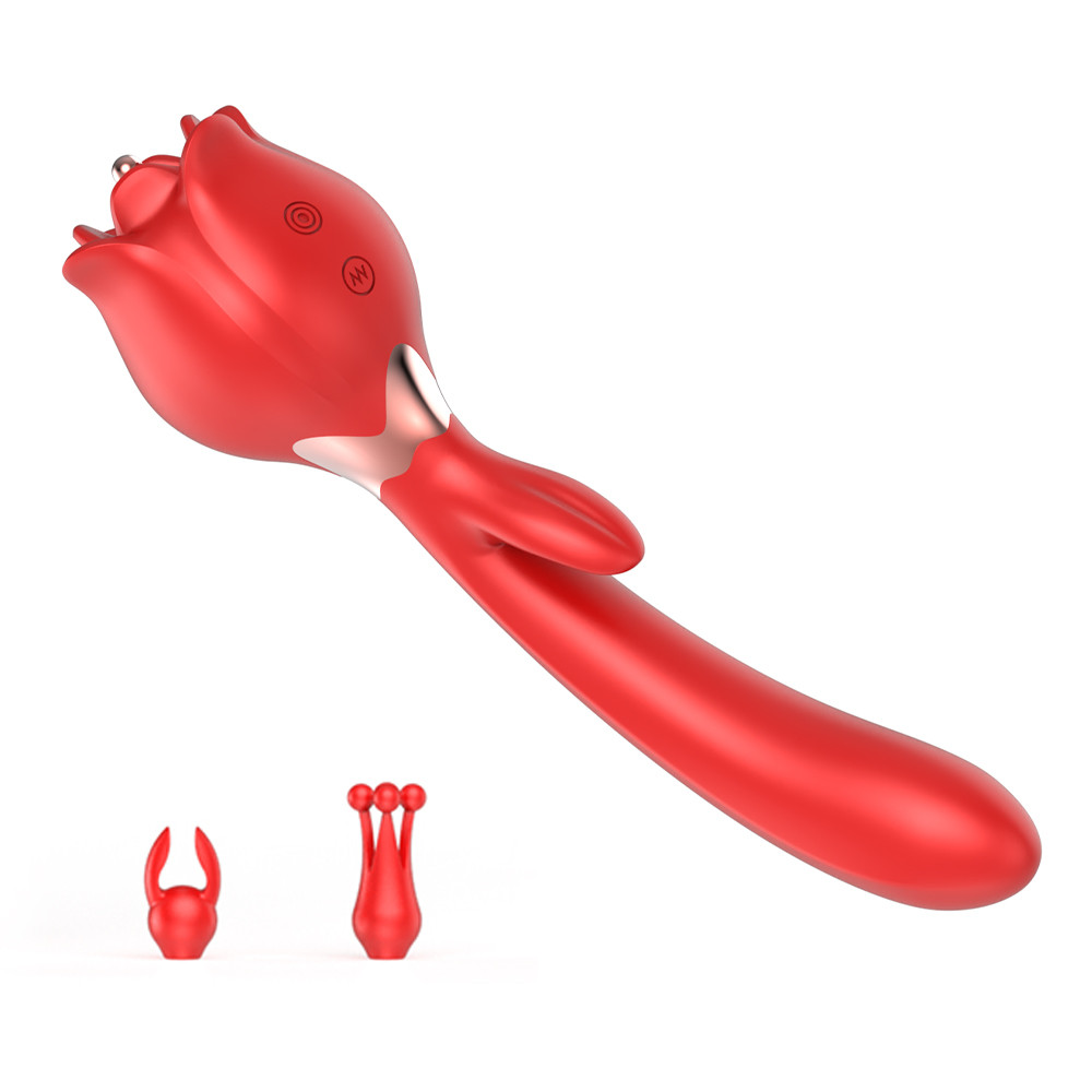 Vibrador de Ponto G e Estimulador Clitoriano em Formato de Rosa com Ponteira Estimuladora e 2 Capas, 10 Modos de Vibração e 3 Rotações - Lena | 13 x 3,4 cm | Disponível em 2 Cores - 2
