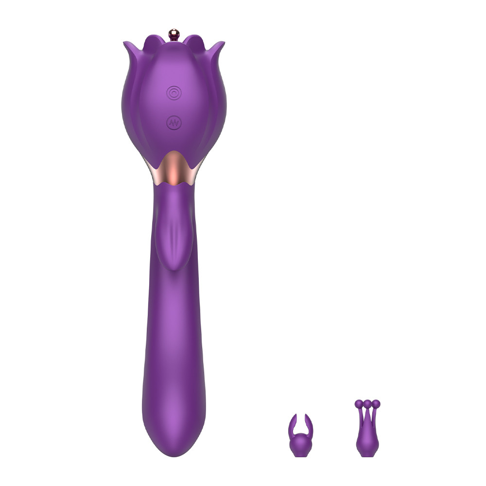 Vibrador de Ponto G e Estimulador Clitoriano em Formato de Rosa com Ponteira Estimuladora e 2 Capas, 10 Modos de Vibração e 3 Rotações - Lena | 13 x 3,4 cm | Disponível em 2 Cores - 5